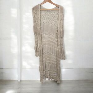 Beige vintage maxi Knit Open-Front Cardigan with shimmer S/M coastal western